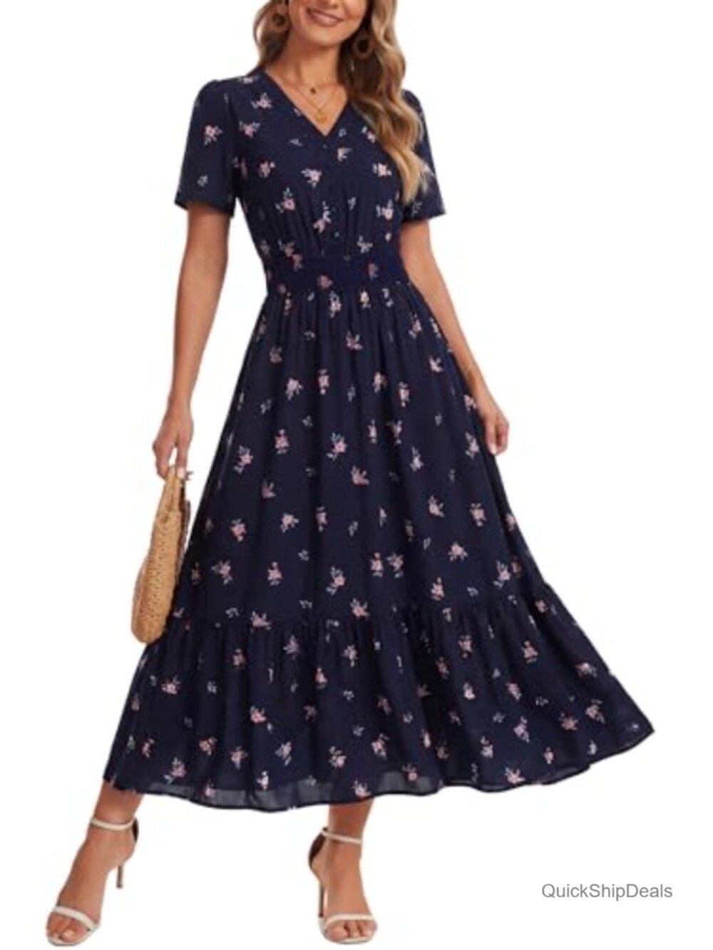 Floral Maxi Dress V-Neck Button Front Smocked Waist Ruffle Hem Pockets